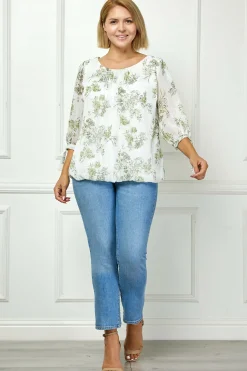 3/4 Tie Sleeve Pleat Neck Studded Bubble Blouse in Ivory/Sage Sketch - Plus