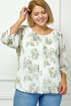 3/4 Tie Sleeve Pleat Neck Studded Bubble Blouse in Ivory/Sage Sketch - Plus