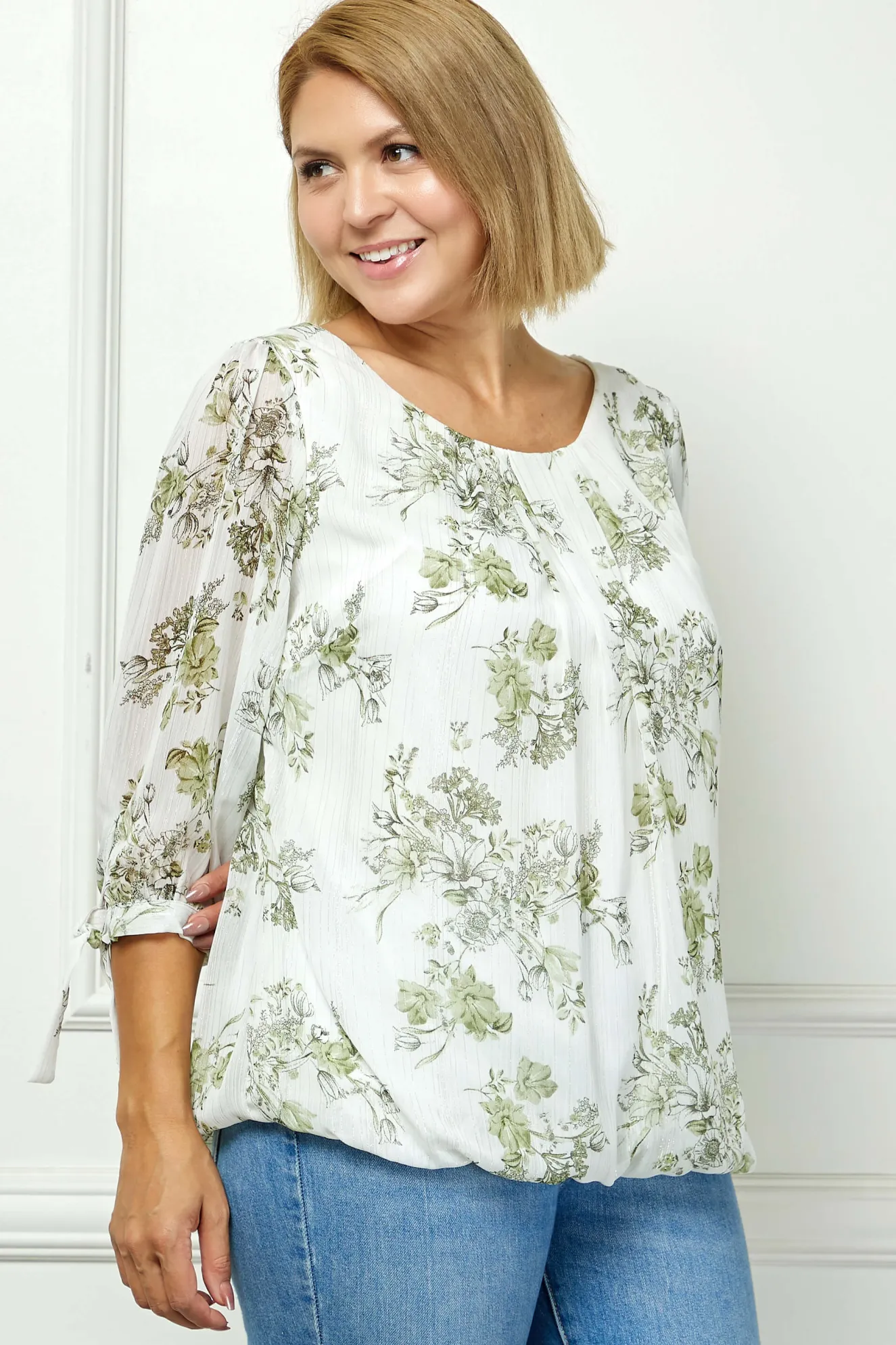 3/4 Tie Sleeve Pleat Neck Studded Bubble Blouse in Ivory/Sage Sketch - Plus