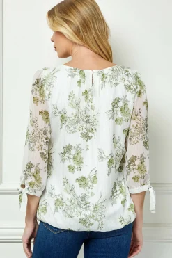 3/4 Tie Sleeve Pleat Neck Studded Bubble Blouse in Ivory/Sage Sketch