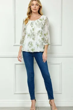3/4 Tie Sleeve Pleat Neck Studded Bubble Blouse in Ivory/Sage Sketch