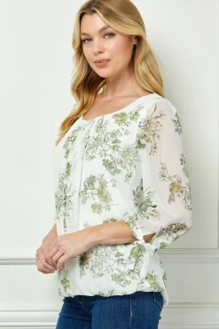 3/4 Tie Sleeve Pleat Neck Studded Bubble Blouse in Ivory/Sage Sketch