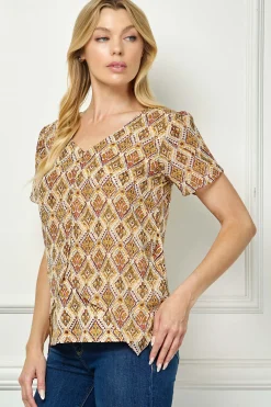 Tulip Sleeve Button-Front V-Neck Blouse in Cream/Olive/Rust