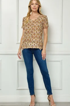 Tulip Sleeve Button-Front V-Neck Blouse in Cream/Olive/Rust