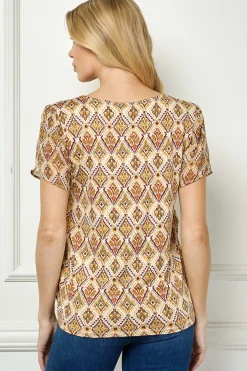 Tulip Sleeve Button-Front V-Neck Blouse in Cream/Olive/Rust