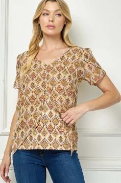 Tulip Sleeve Button-Front V-Neck Blouse in Cream/Olive/Rust