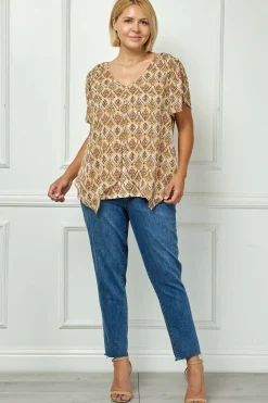 Tulip Sleeve Button-Front V-Neck Blouse in Cream/Olive/Rust - Plus