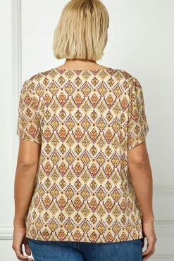 Tulip Sleeve Button-Front V-Neck Blouse in Cream/Olive/Rust - Plus