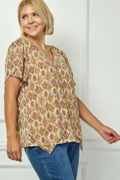 Tulip Sleeve Button-Front V-Neck Blouse in Cream/Olive/Rust - Plus