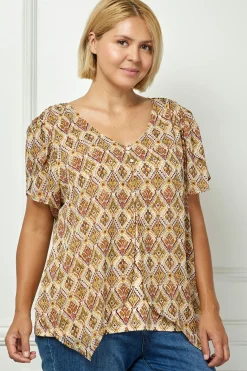 Tulip Sleeve Button-Front V-Neck Blouse in Cream/Olive/Rust - Plus