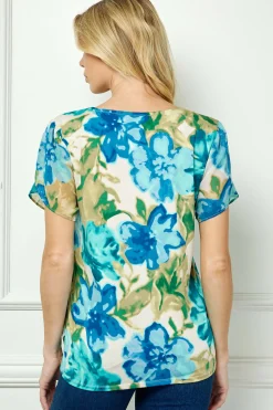 Tulip Sleeve V-Neck Layered Front Blouse in Tan/Jade/Blue