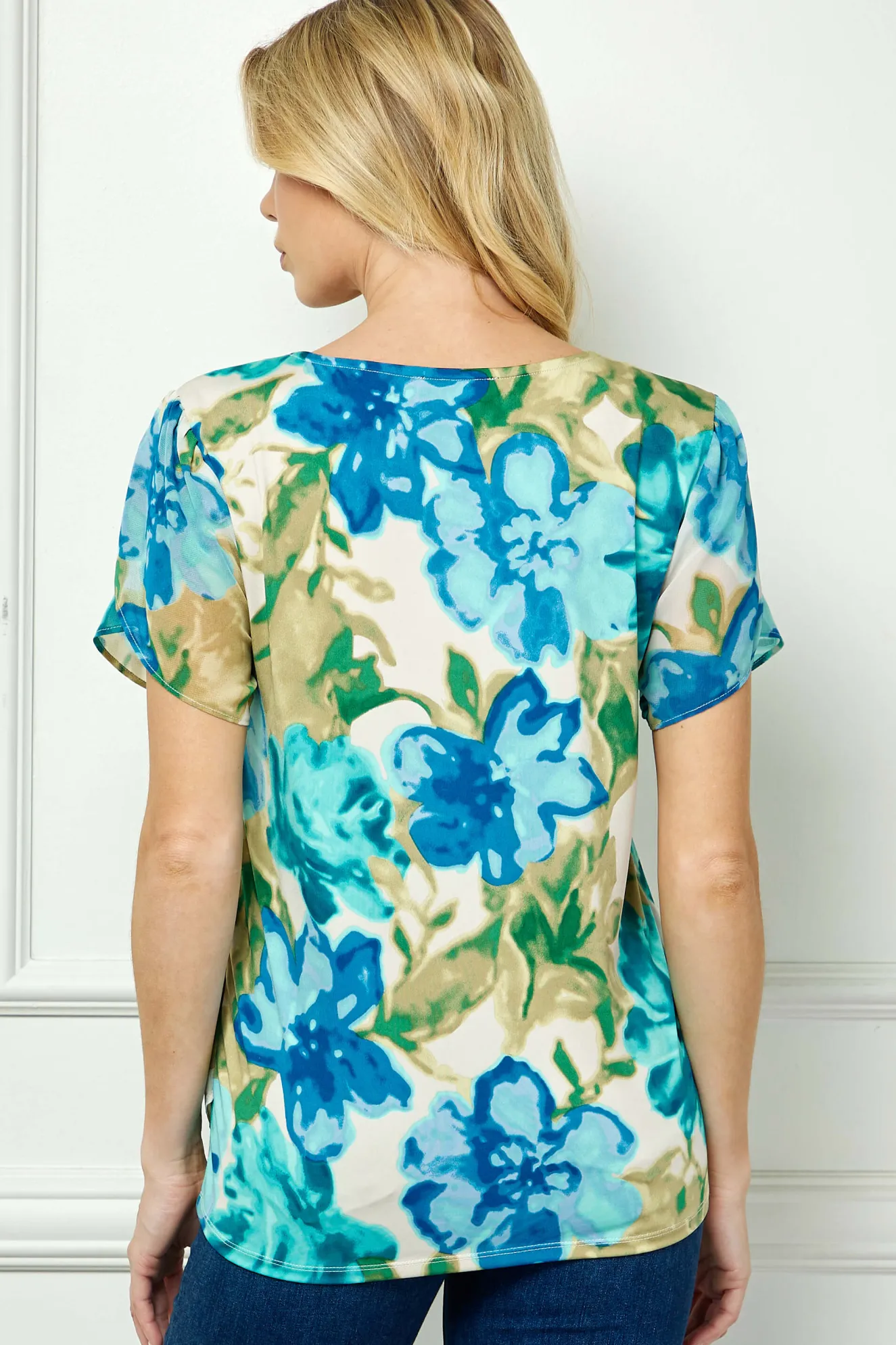 Tulip Sleeve V-Neck Layered Front Blouse in Tan/Jade/Blue