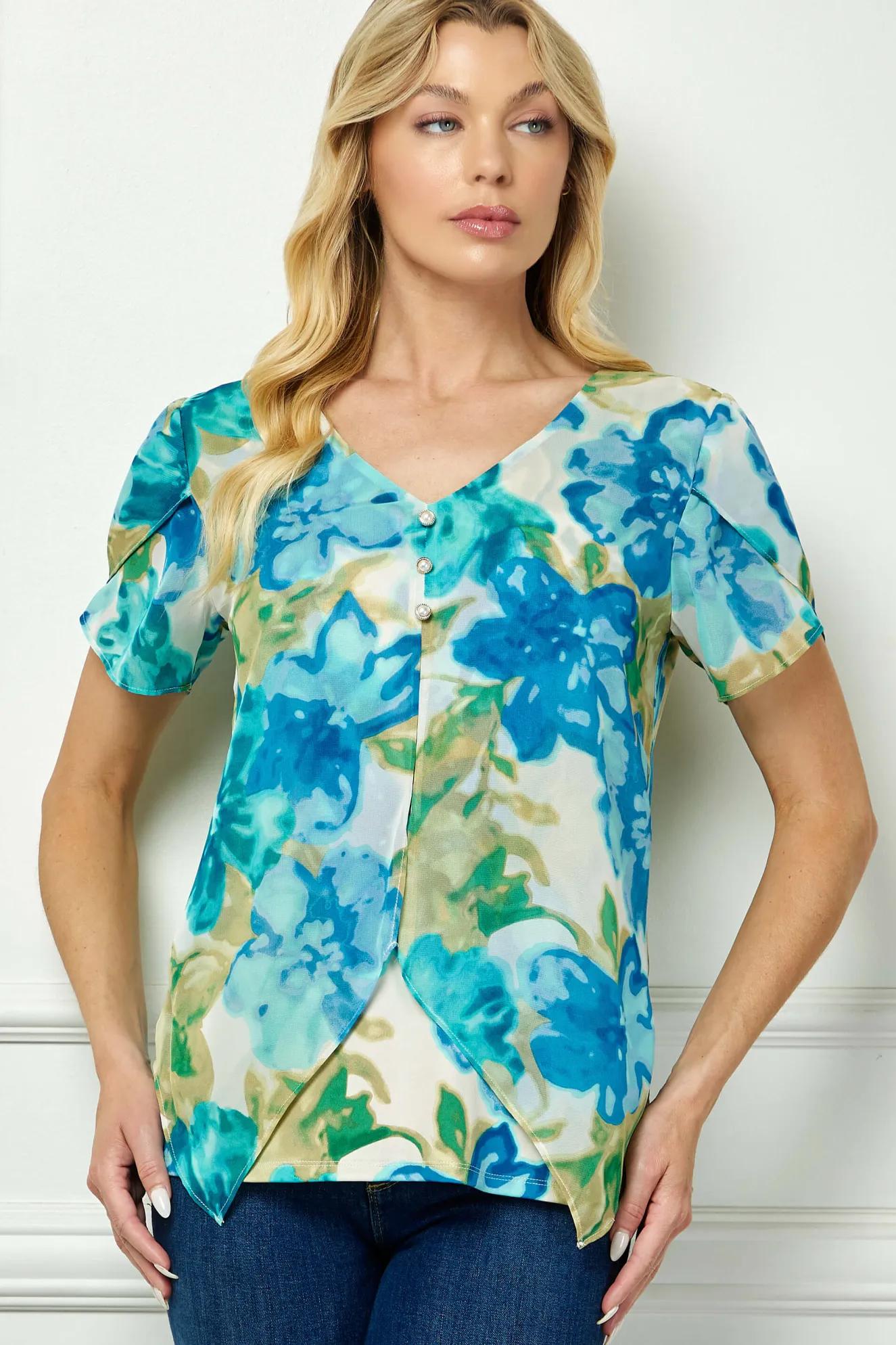 Tulip Sleeve V-Neck Layered Front Blouse in Tan/Jade/Blue