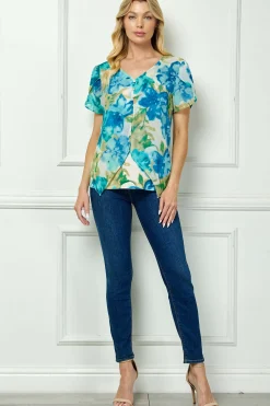 Tulip Sleeve V-Neck Layered Front Blouse in Tan/Jade/Blue