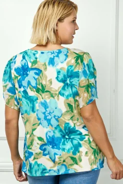 Tulip Sleeve V-Neck Layered Front Blouse in Tan/Jade/Blue - Plus