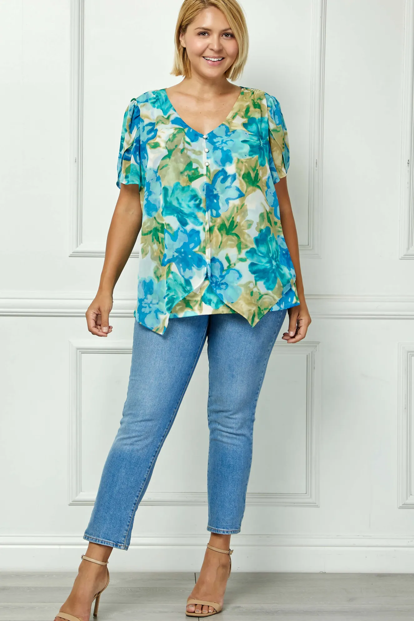 Tulip Sleeve V-Neck Layered Front Blouse in Tan/Jade/Blue - Plus