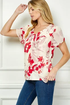 Tulip Sleeve V-Neck Layered Front Blouse in Red/Cream