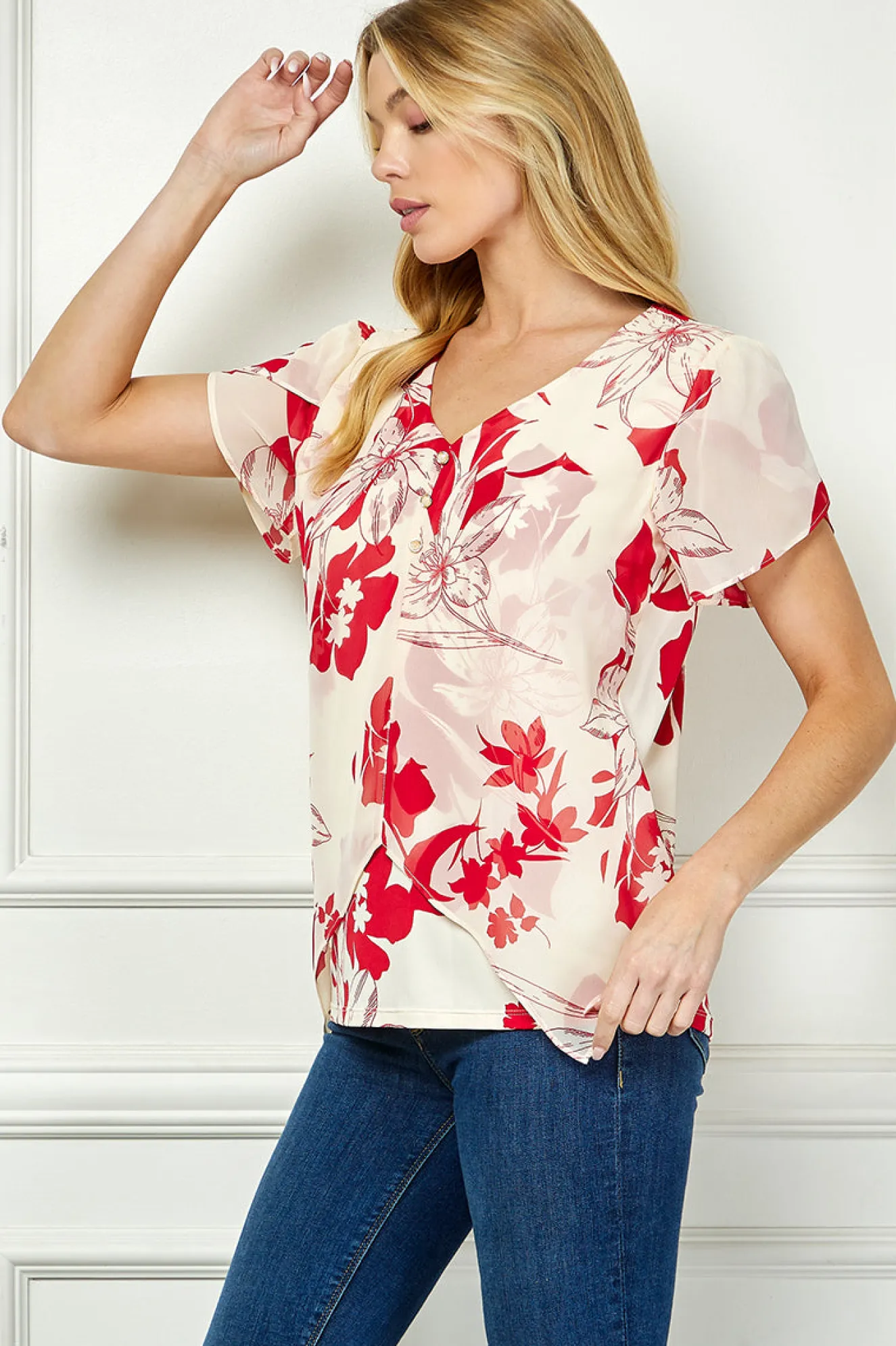 Tulip Sleeve V-Neck Layered Front Blouse in Red/Cream