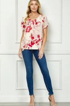 Tulip Sleeve V-Neck Layered Front Blouse in Red/Cream