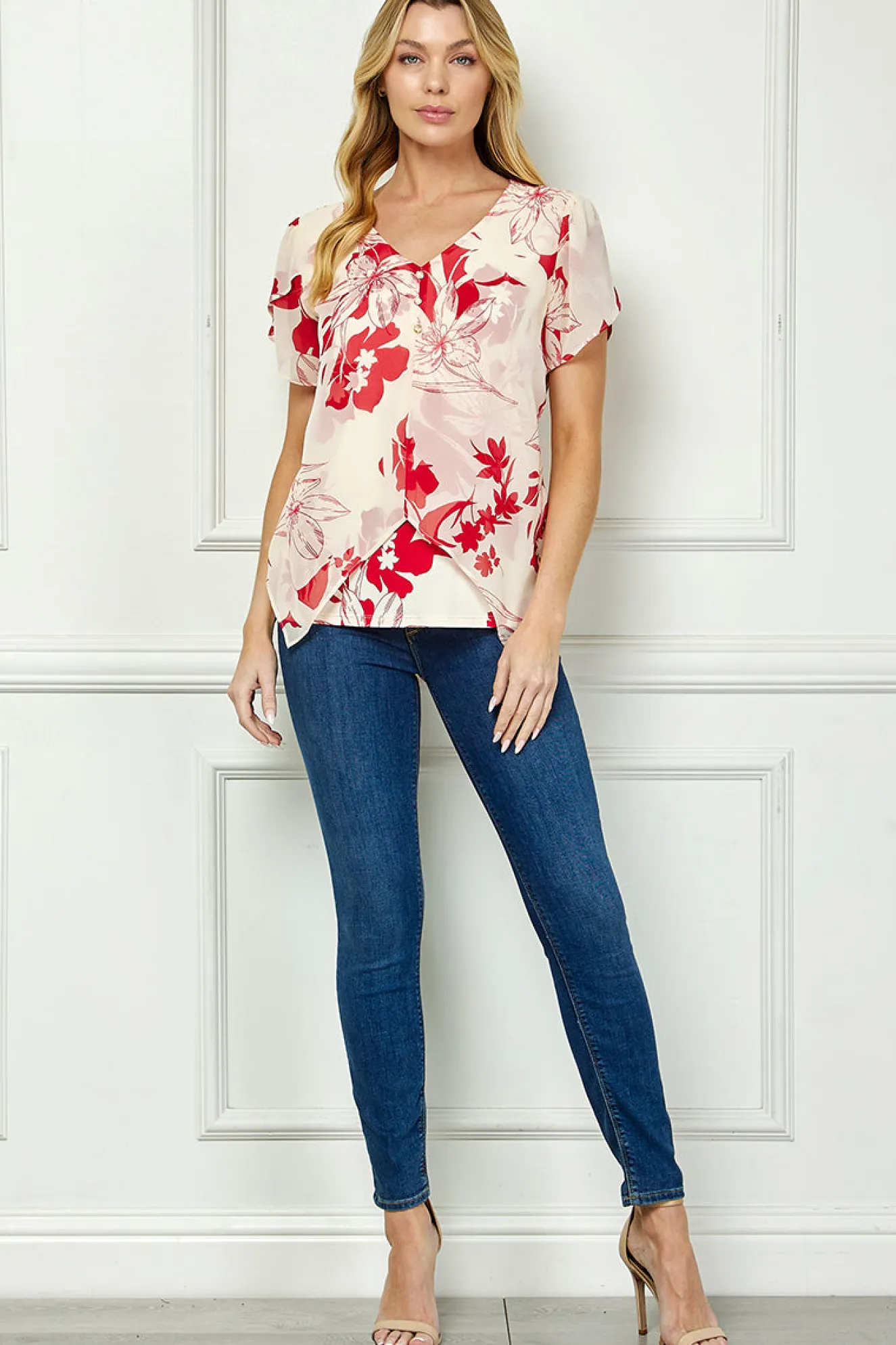 Tulip Sleeve V-Neck Layered Front Blouse in Red/Cream