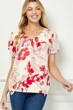 Tulip Sleeve V-Neck Layered Front Blouse in Red/Cream