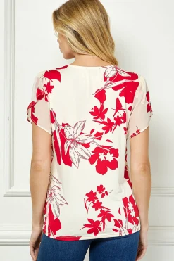 Tulip Sleeve V-Neck Layered Front Blouse in Red/Cream