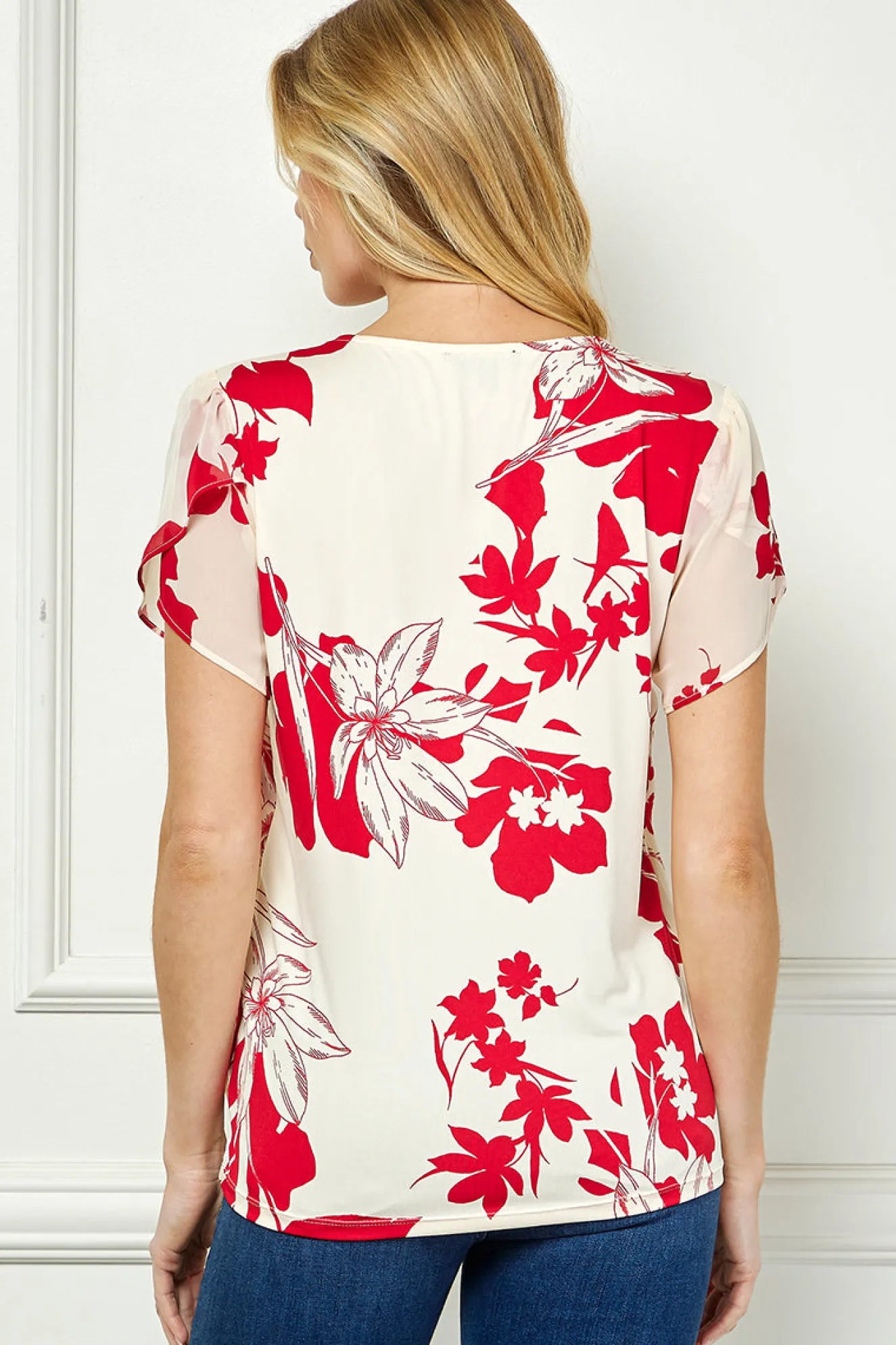 Tulip Sleeve V-Neck Layered Front Blouse in Red/Cream