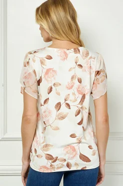 Tulip Sleeve V-Neck Layered Front Blouse in Cream/Brown