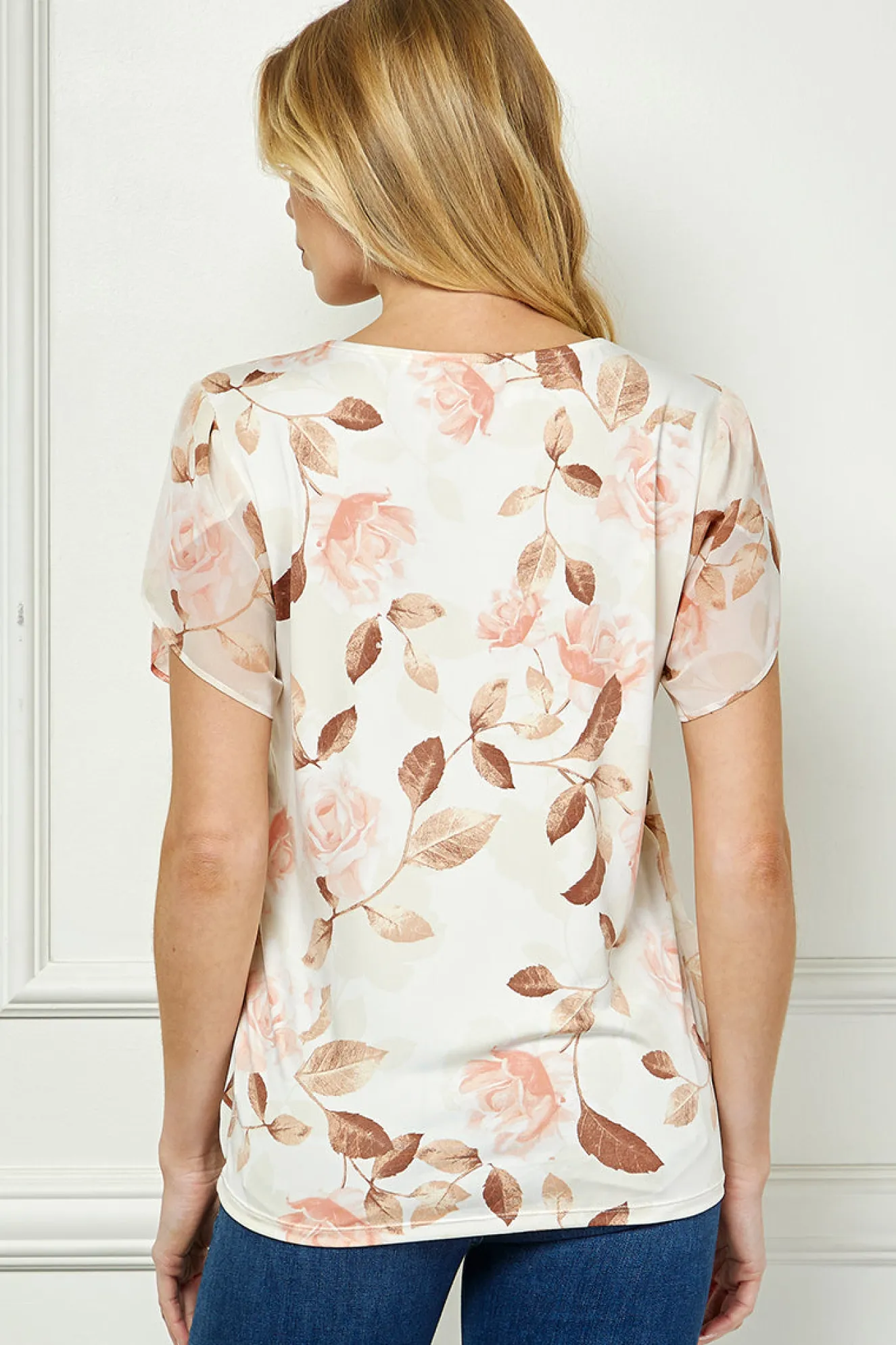 Tulip Sleeve V-Neck Layered Front Blouse in Cream/Brown