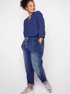 Westport Knit Denim Weekender Pant with Pockets and Drawstring Waist- Plus