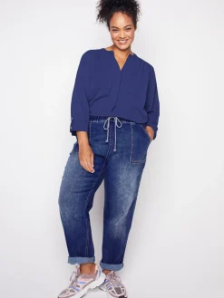Westport Knit Denim Weekender Pant with Pockets and Drawstring Waist- Plus