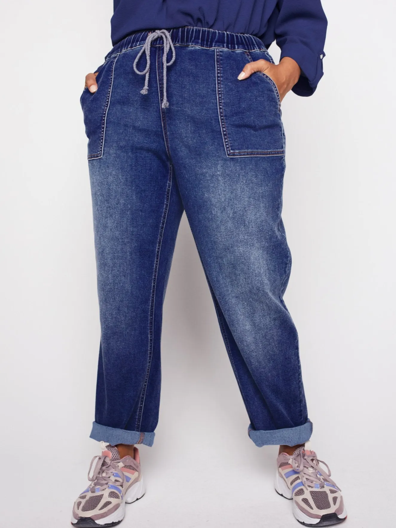 Westport Knit Denim Weekender Pant with Pockets and Drawstring Waist- Plus
