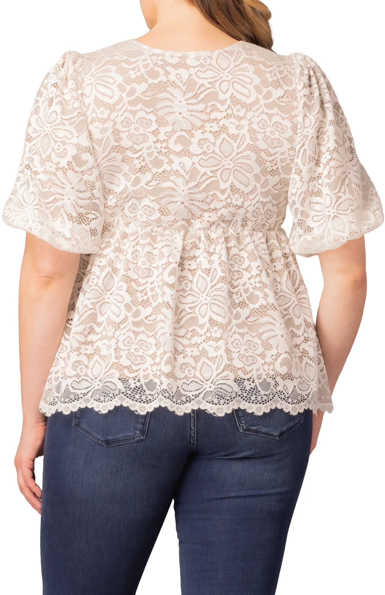 Winsome Sweetheart Lace Peplum Top - Ivory & Nude - Plus