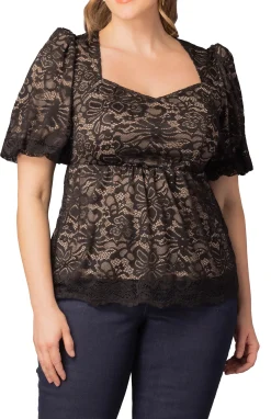 Winsome Sweetheart Lace Peplum Top - Black & Nude - Plus