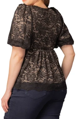 Winsome Sweetheart Lace Peplum Top - Black & Nude - Plus