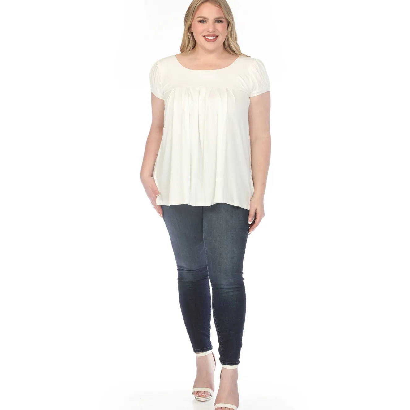 Women'sCap Sleeve Pleated Top - Off White - Plus