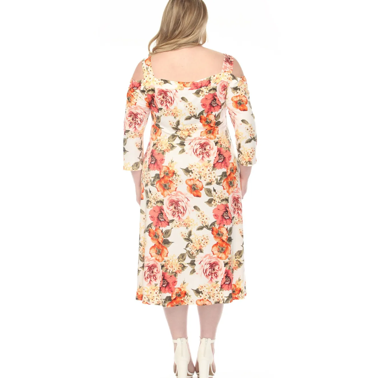 Women'sCold Shoulder 3/4 Sleeve Dress - Ivory Orange - Plus