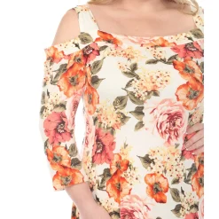 Women'sCold Shoulder 3/4 Sleeve Dress - Ivory Orange - Plus