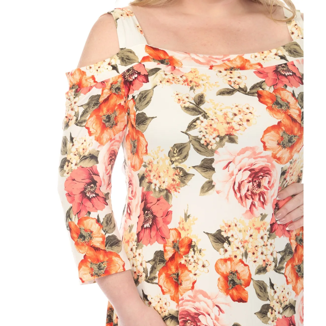 Women'sCold Shoulder 3/4 Sleeve Dress - Ivory Orange - Plus