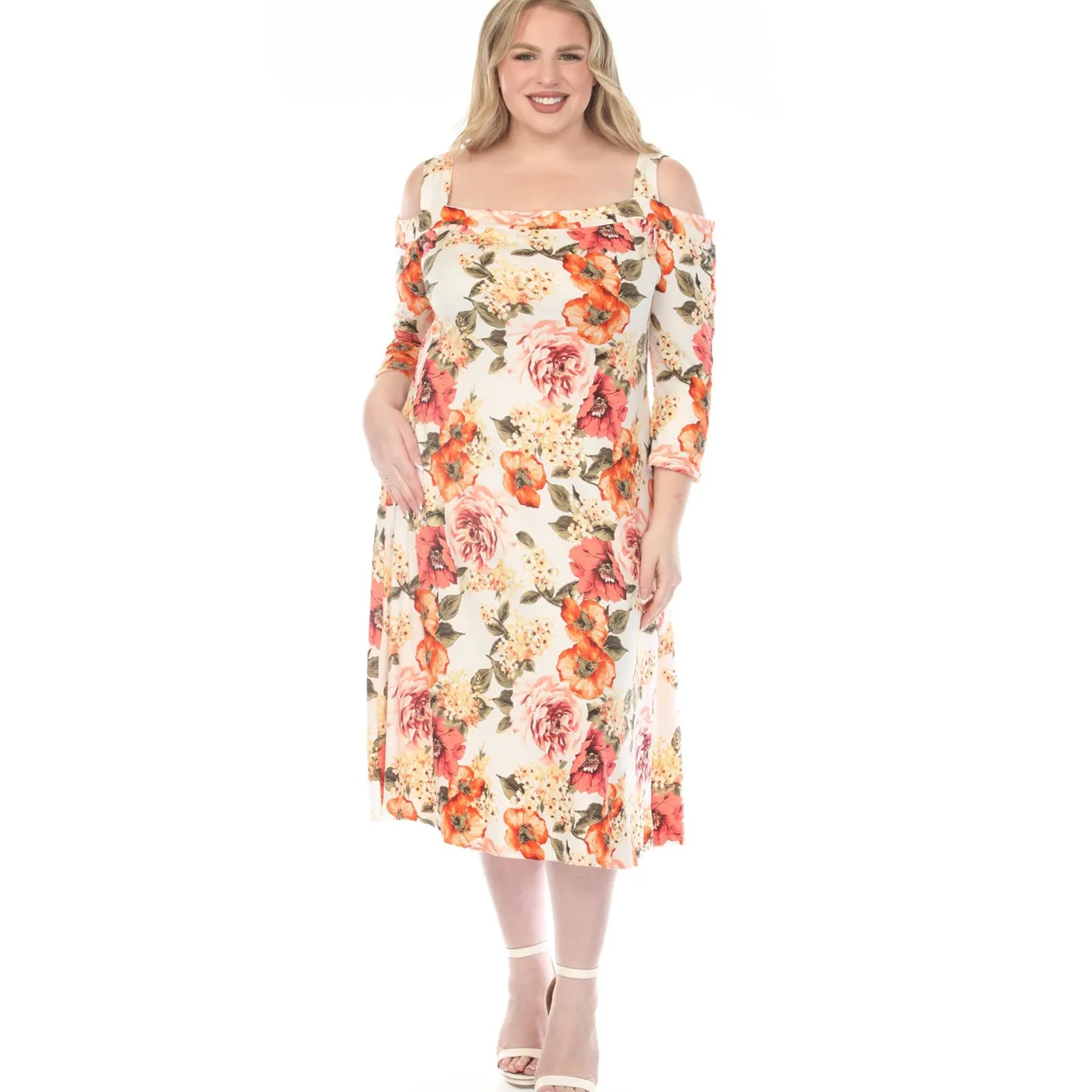 Women'sCold Shoulder 3/4 Sleeve Dress - Ivory Orange - Plus