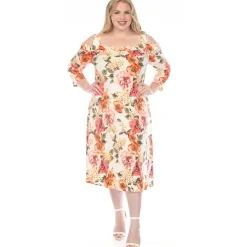 Women'sCold Shoulder 3/4 Sleeve Dress - Ivory Orange - Plus