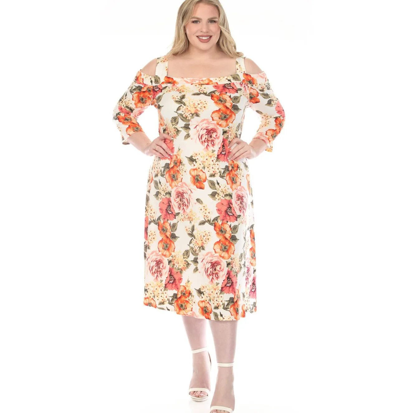 Women'sCold Shoulder 3/4 Sleeve Dress - Ivory Orange - Plus