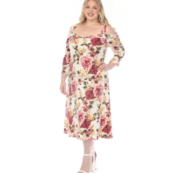 Women'sCold Shoulder 3/4 Sleeve Dress - Ivory Mauve - Plus