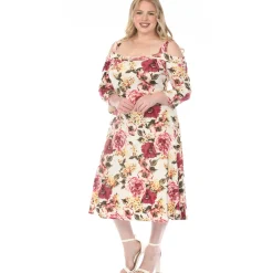 Women'sCold Shoulder 3/4 Sleeve Dress - Ivory Mauve - Plus