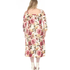 Women'sCold Shoulder 3/4 Sleeve Dress - Ivory Mauve - Plus
