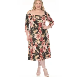 Women'sCold Shoulder 3/4 Sleeve Dress - Black - Plus