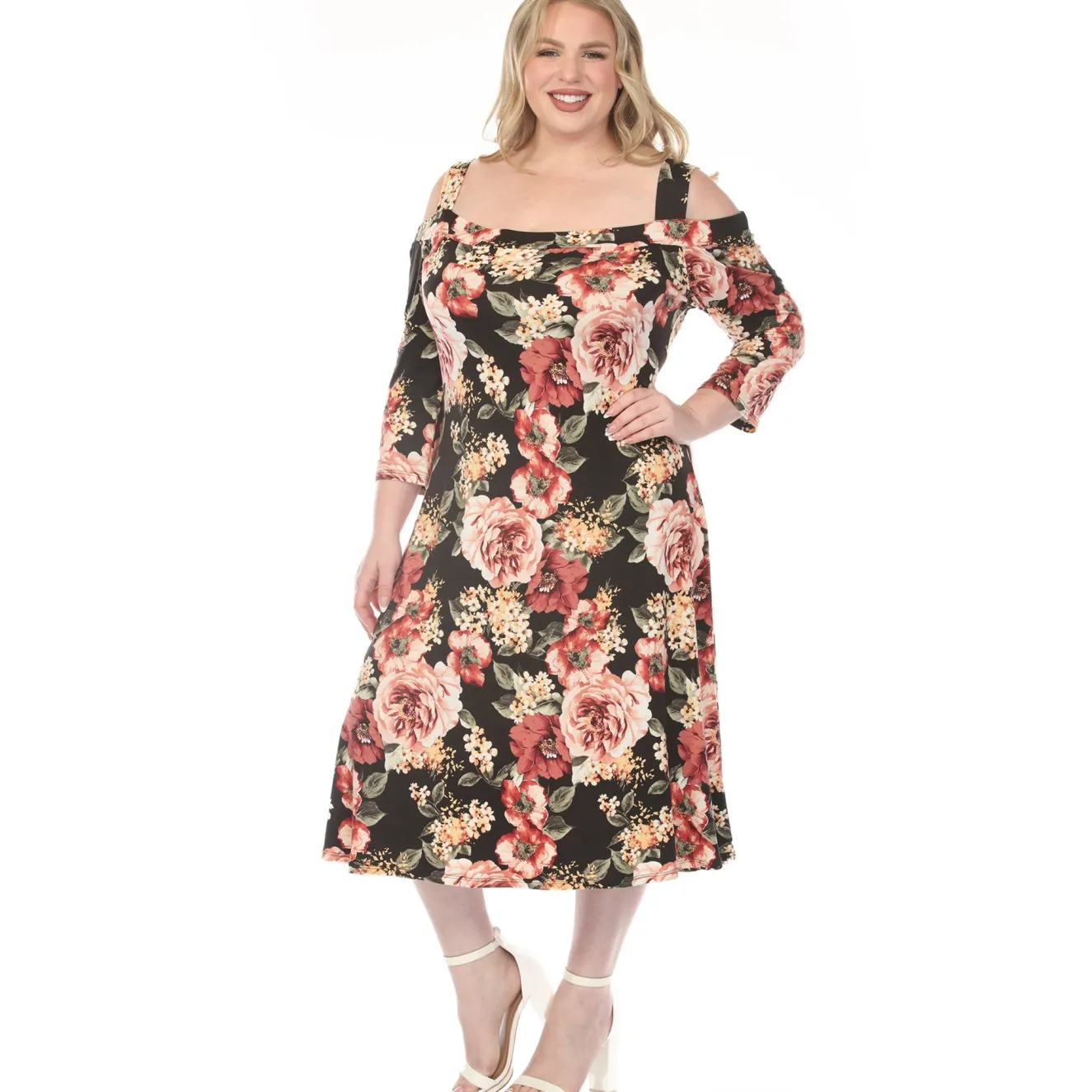 Women'sCold Shoulder 3/4 Sleeve Dress - Black - Plus