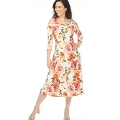 Women's Cold Shoulder 3/4 Sleeve Dress - Ivory Orange