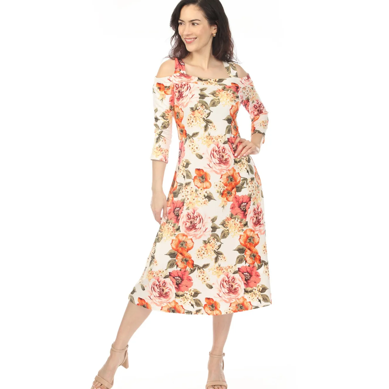 Women's Cold Shoulder 3/4 Sleeve Dress - Ivory Orange