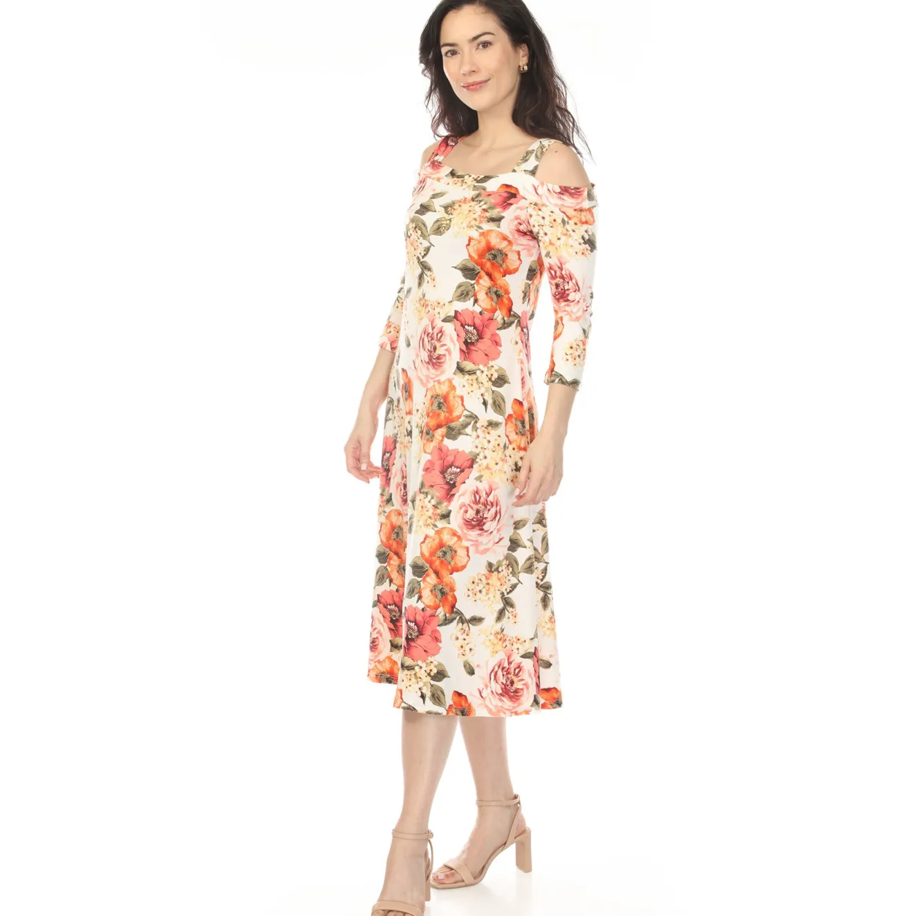 Women's Cold Shoulder 3/4 Sleeve Dress - Ivory Orange